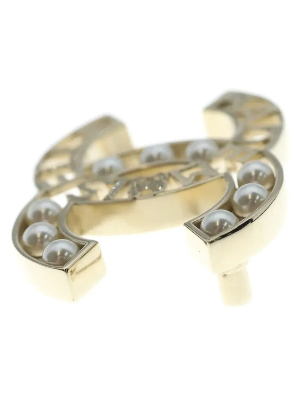 Chanel CC Logo Fakepearl Rhinestone Brooch Gold